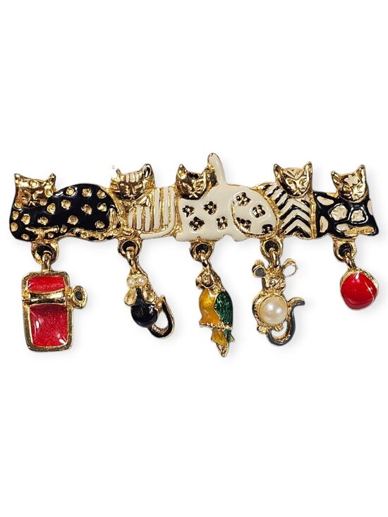 Angel Jewelry - ANGEL Signed Multi Color Enamel Kitty Cat Kitten Brooch w/Toy Dangles VTG